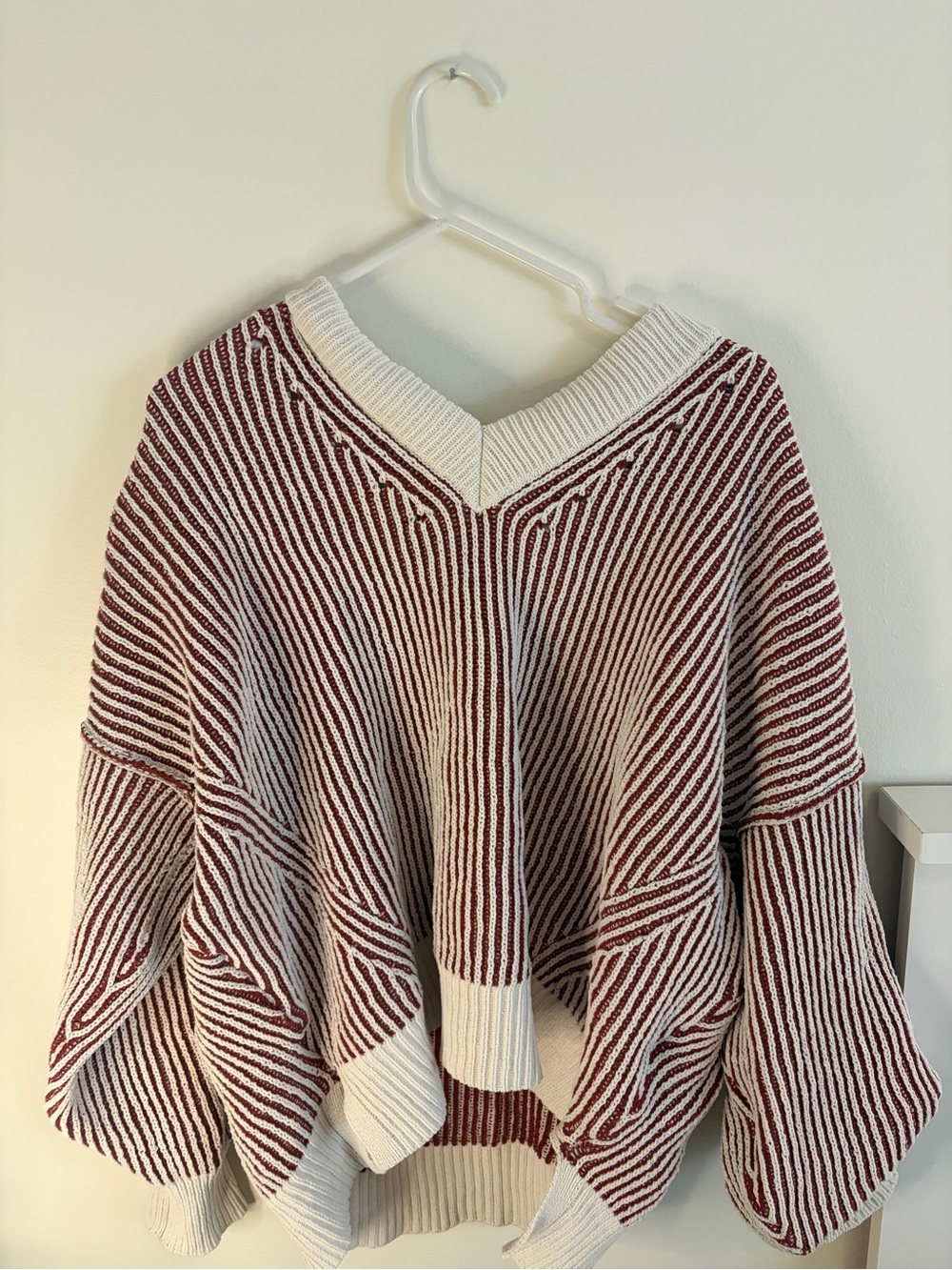 aerie Burgundy and Cream Striped V-Neck Sweater